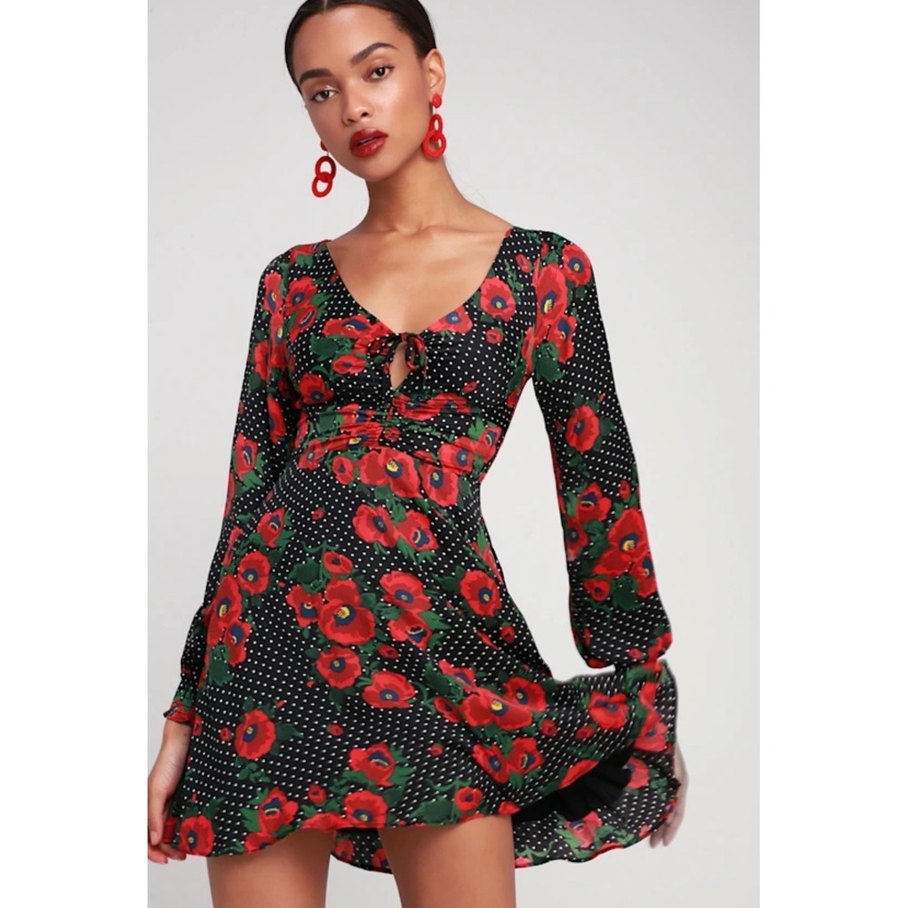 Free People Black Comb Poppy Floral Polka Dot Mini Dress Size 4 Romantic
